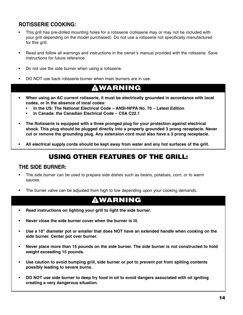 Warning, Using other features of the grill, Rotisserie cooking | The side burner | Brinkmann Series 4445 User Manual | Page 15 / 36