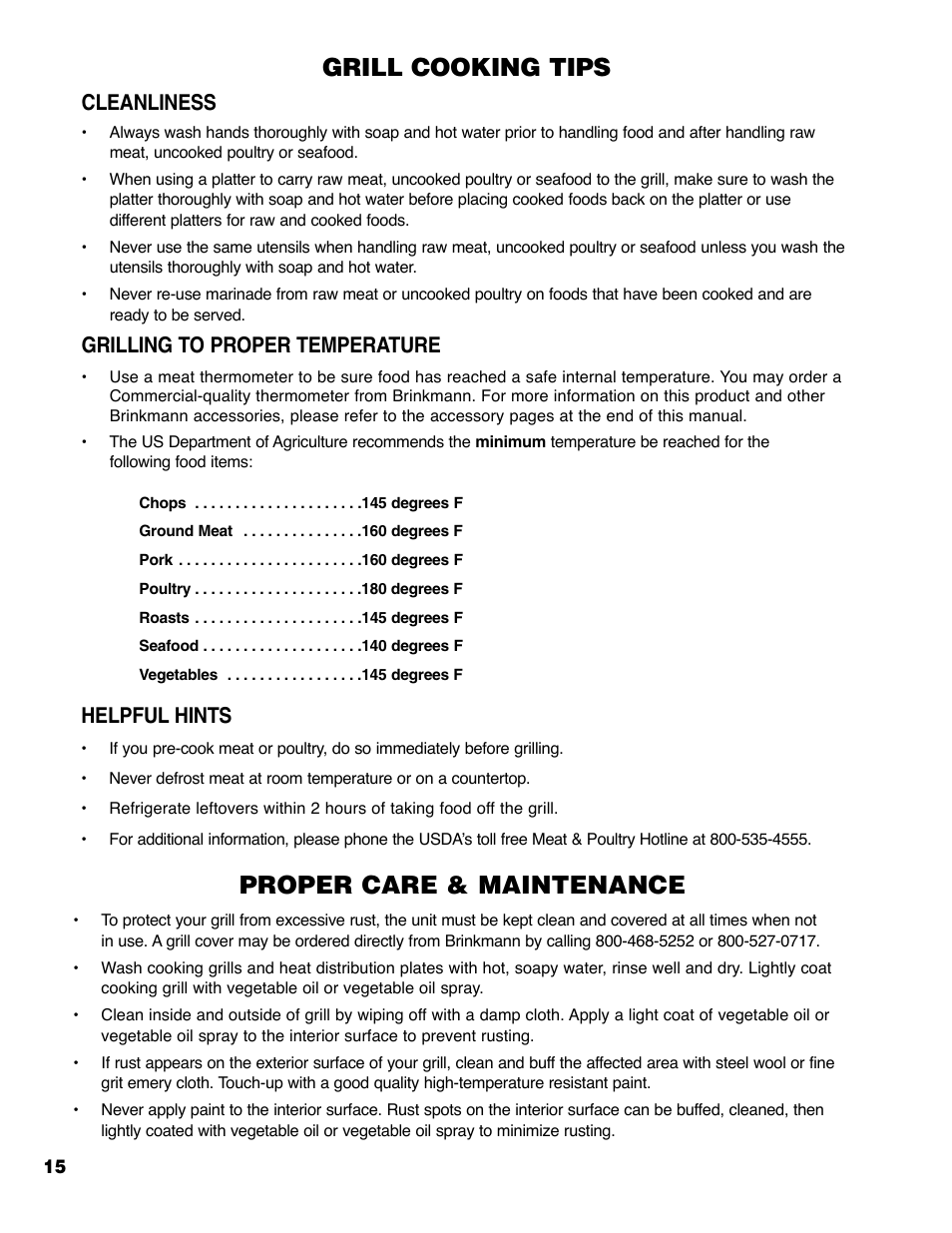 Grill cooking tips, Proper care & maintenance, Cleanliness | Grilling to proper temperature, Helpful hints | Brinkmann Series 4445 User Manual | Page 16 / 36