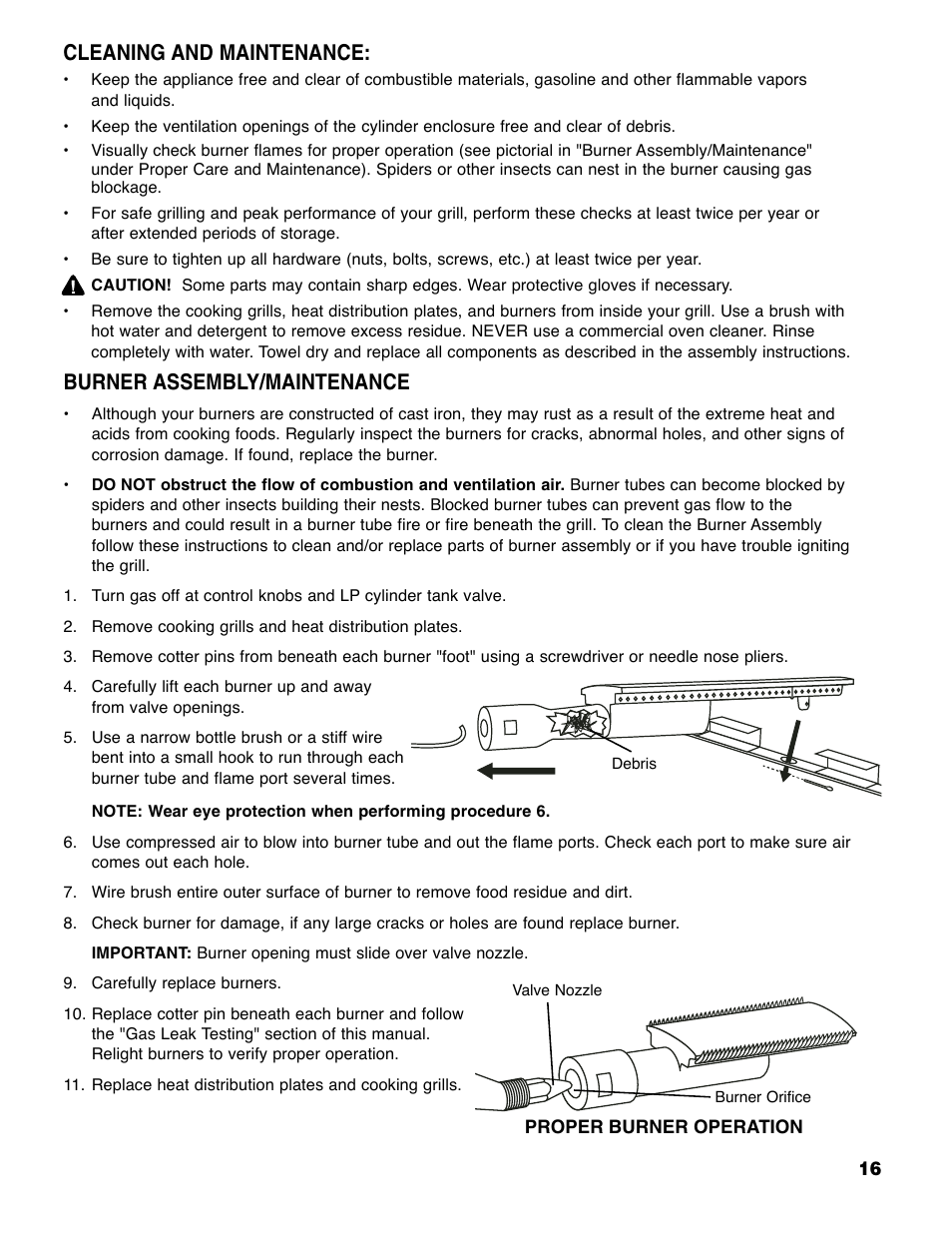 Burner assembly/maintenance, Cleaning and maintenance | Brinkmann Series 4445 User Manual | Page 17 / 36