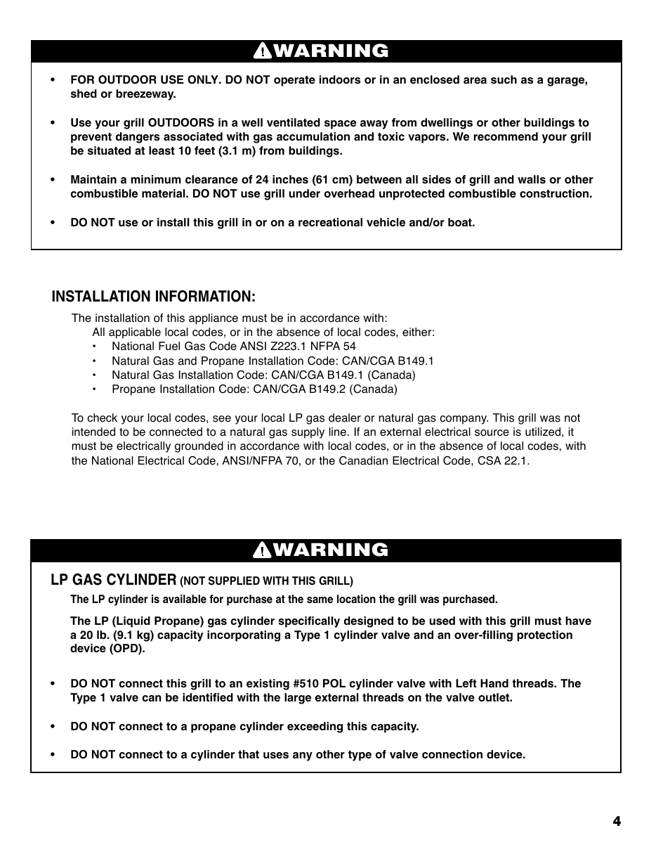 Warning, Lp gas cylinder, Installation information | Brinkmann Series 4445 User Manual | Page 5 / 36