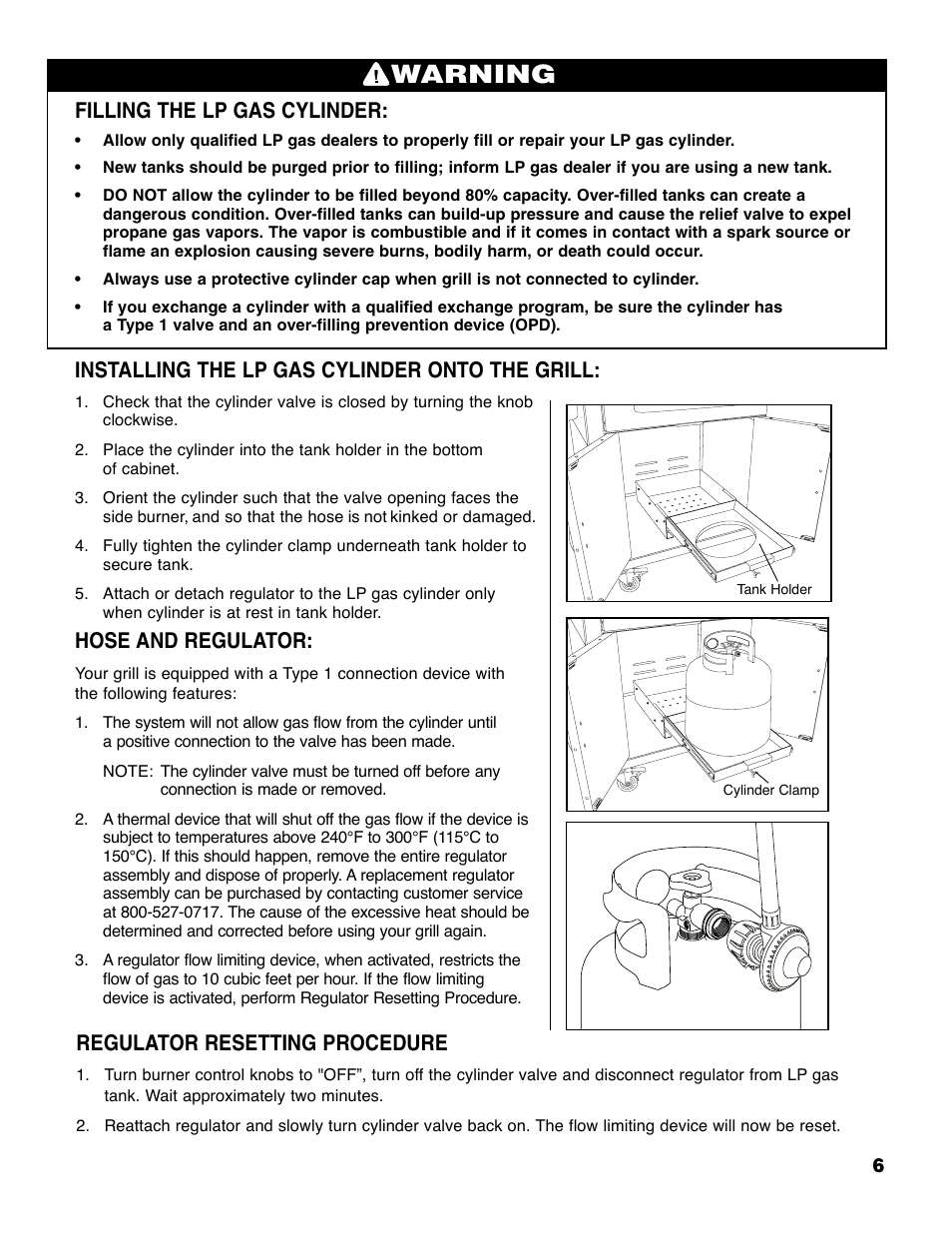 Warning, Filling the lp gas cylinder, Installing the lp gas cylinder onto the grill | Hose and regulator, Regulator resetting procedure | Brinkmann Series 4445 User Manual | Page 7 / 36