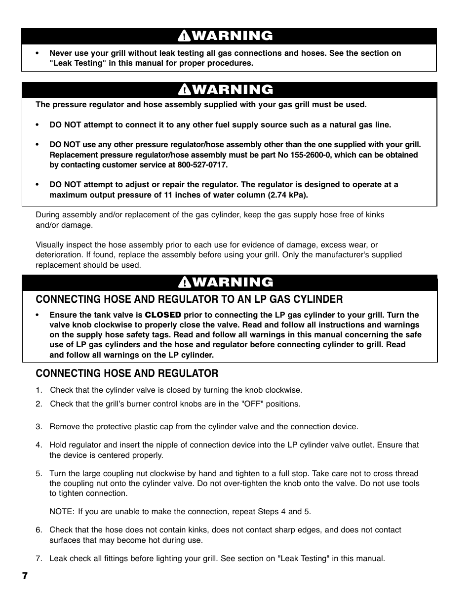 Warning, Connecting hose and regulator | Brinkmann Series 4445 User Manual | Page 8 / 36
