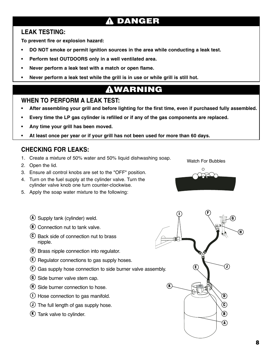 Warning, Danger, Leak testing | When to perform a leak test, Checking for leaks | Brinkmann Series 4445 User Manual | Page 9 / 36