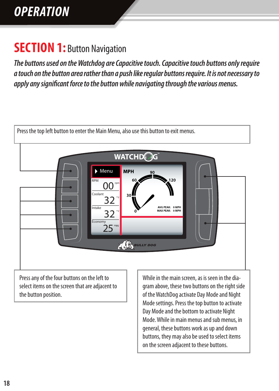 Operation, Button navigation | Bully Dog Watchdog User Manual | Page 18 / 68