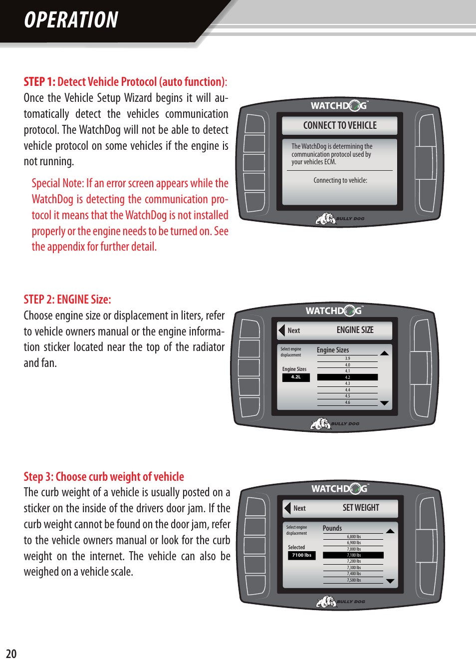 Operation, 20 step 1: detect vehicle protocol (auto function) | Bully Dog Watchdog User Manual | Page 20 / 68