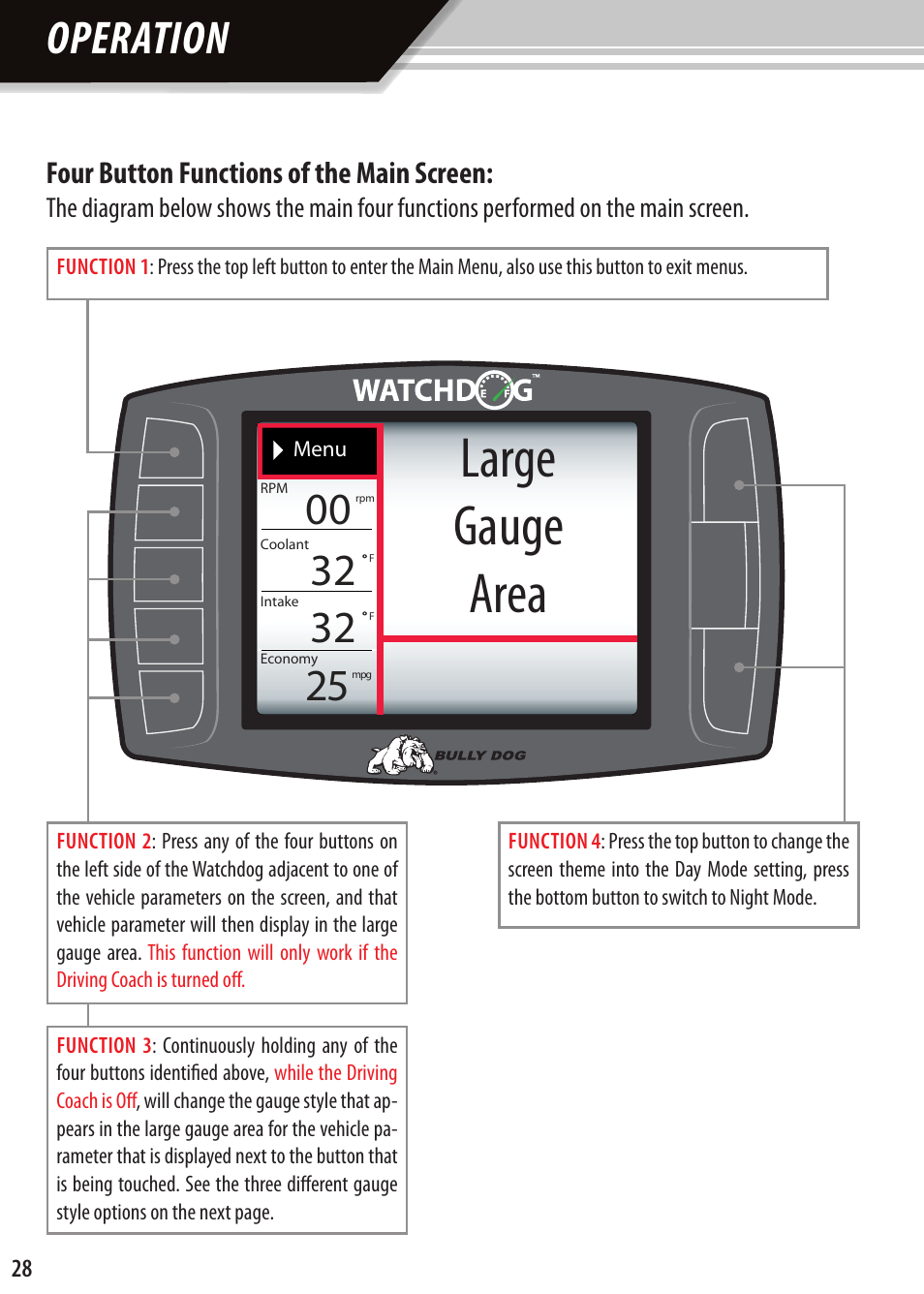 Large gauge area, Operation, Four button functions of the main screen | Bully Dog Watchdog User Manual | Page 28 / 68