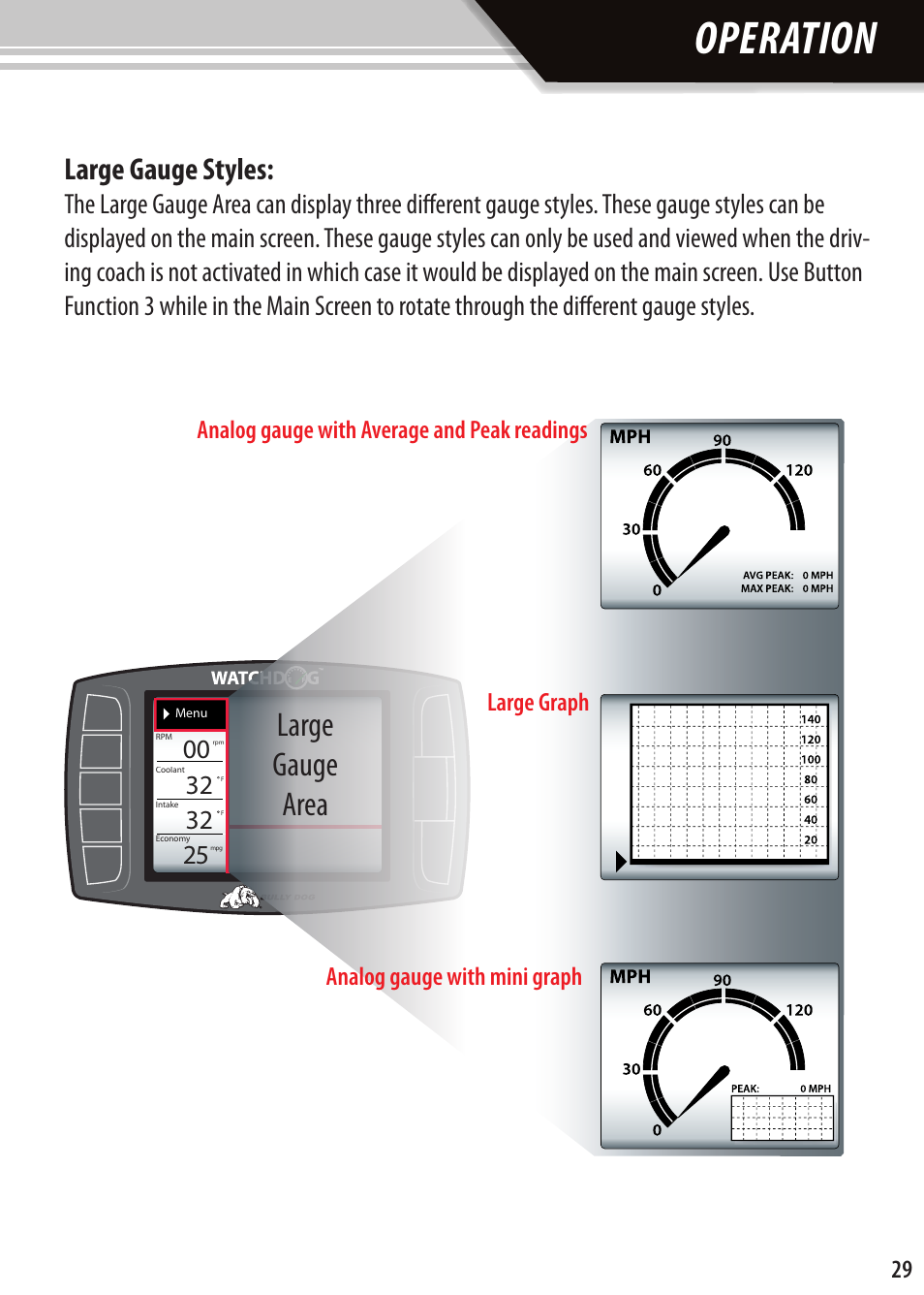 Operation, Large gauge area, Large gauge styles | Bully Dog Watchdog User Manual | Page 29 / 68