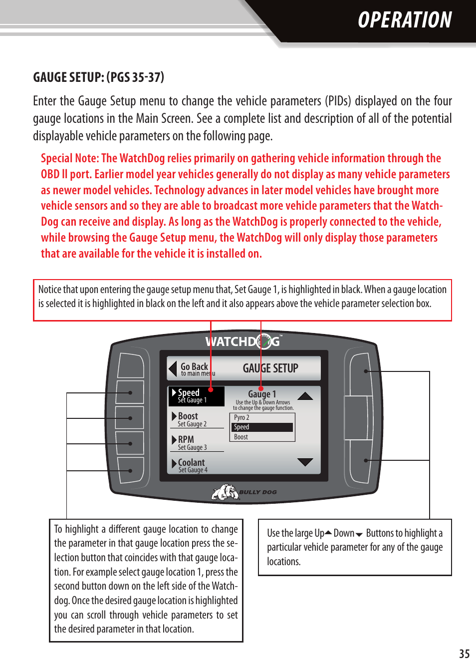 Operation, Gauge setup | Bully Dog Watchdog User Manual | Page 35 / 68