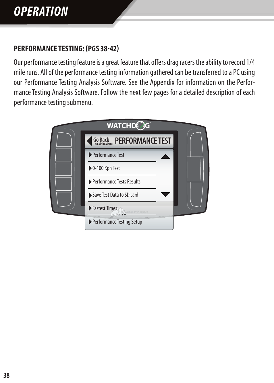 Operation, Performance test | Bully Dog Watchdog User Manual | Page 38 / 68