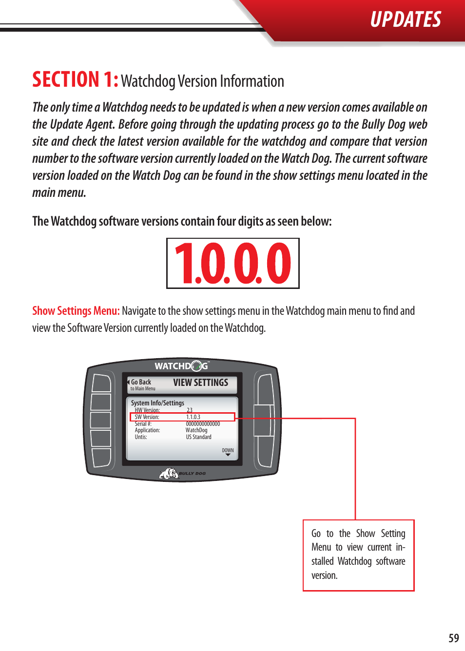 Updates, Watchdog version information, Show settings menu | Bully Dog Watchdog User Manual | Page 59 / 68