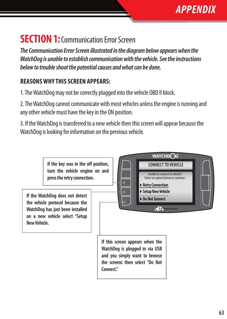 Communication error screen | Bully Dog Watchdog User Manual | Page 63 / 68