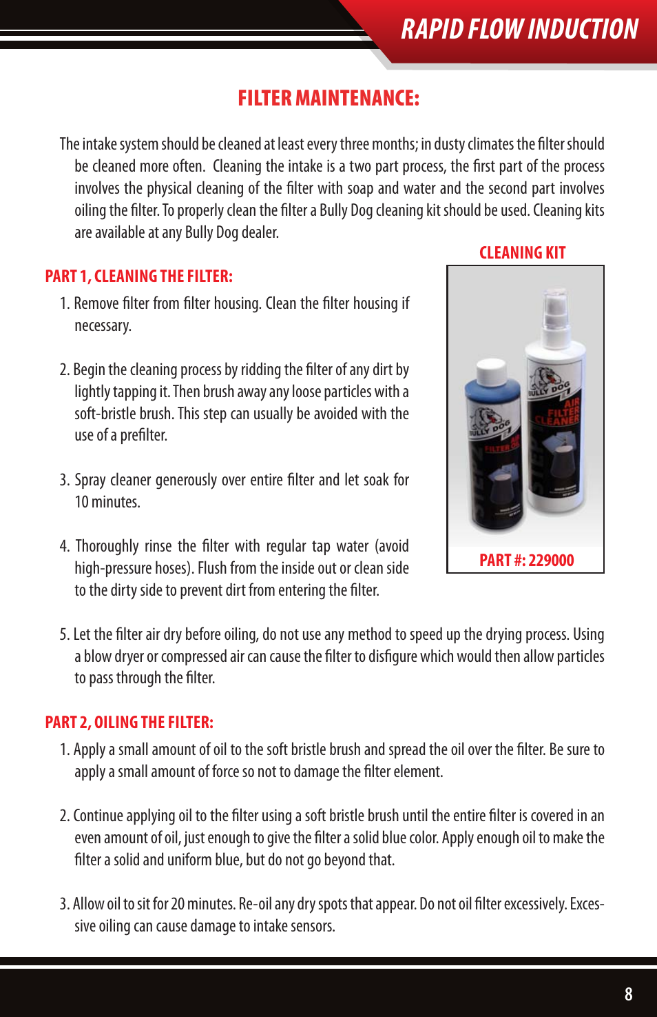 Rapid flow induction, Filter maintenance | Bully Dog 51101 Rapid Flow Induction User Manual | Page 9 / 12