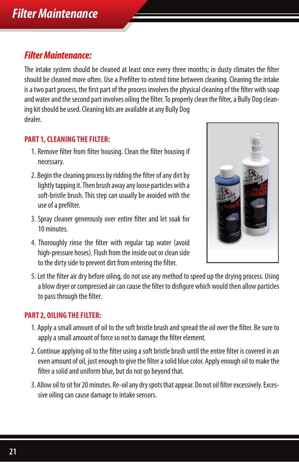 Filter maintenance | Bully Dog 54100 Rapid Flow Induction Cold Air Intake User Manual | Page 22 / 24