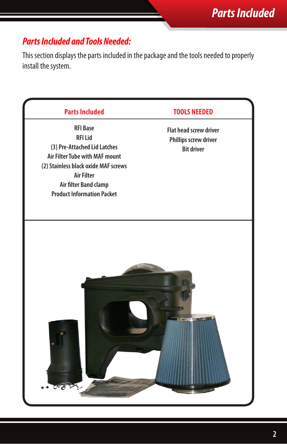 Parts included, Parts included and tools needed | Bully Dog 54100 Rapid Flow Induction Cold Air Intake User Manual | Page 3 / 24