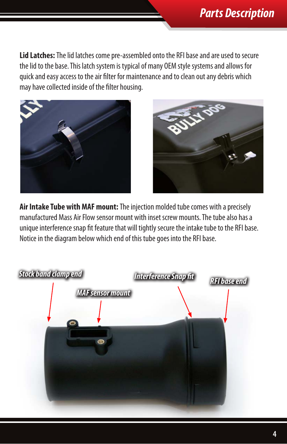 Parts description | Bully Dog 54100 Rapid Flow Induction Cold Air Intake User Manual | Page 5 / 24