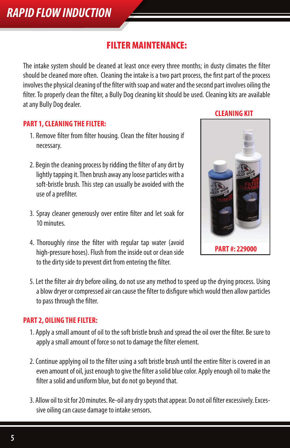 Rapid flow induction, Filter maintenance | Bully Dog 53100 Rapid Flow Induction User Manual | Page 6 / 8