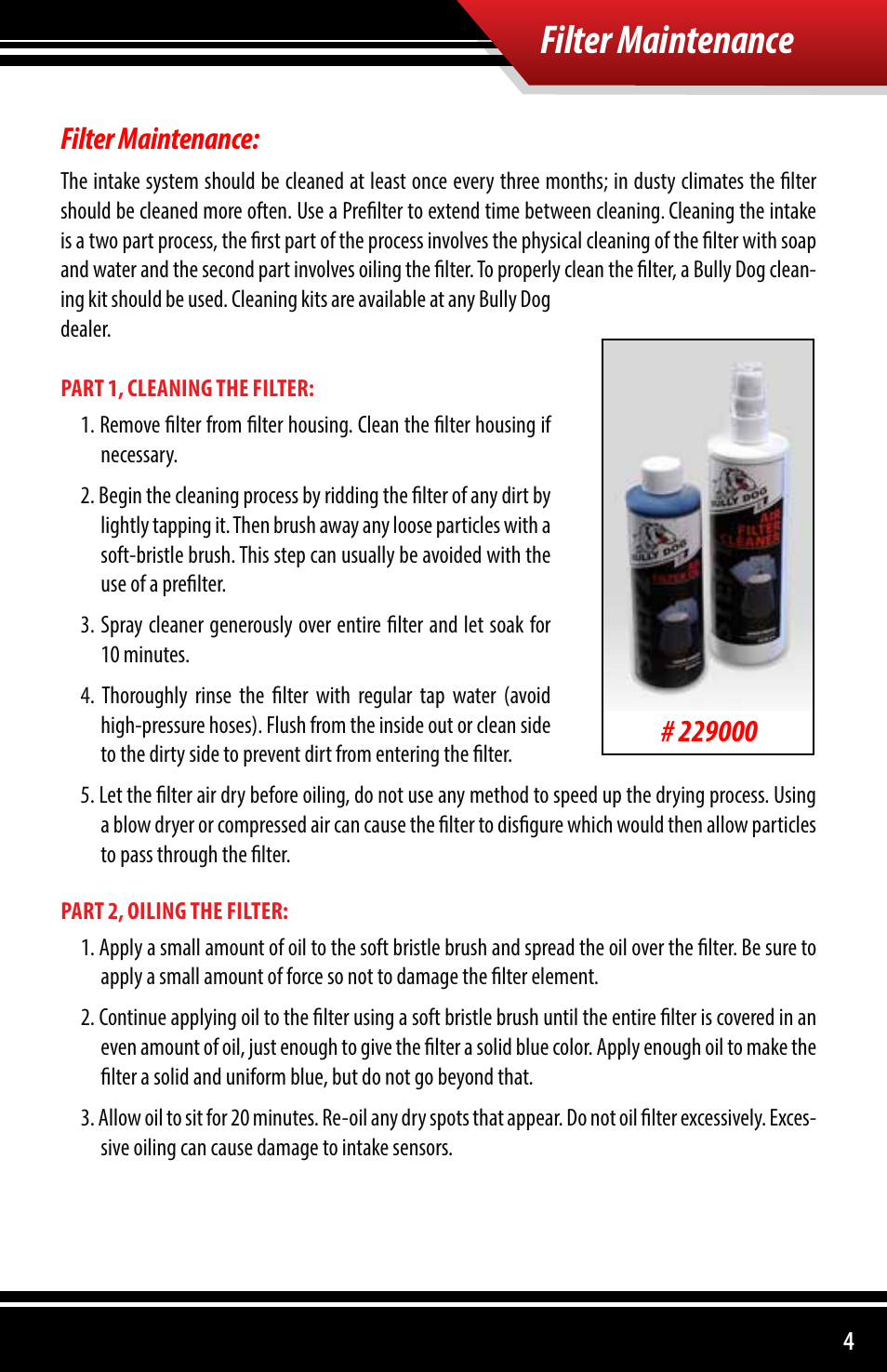 Filter maintenance | Bully Dog 221103 Rapid Flow Induction Cold Air Intake User Manual | Page 5 / 8