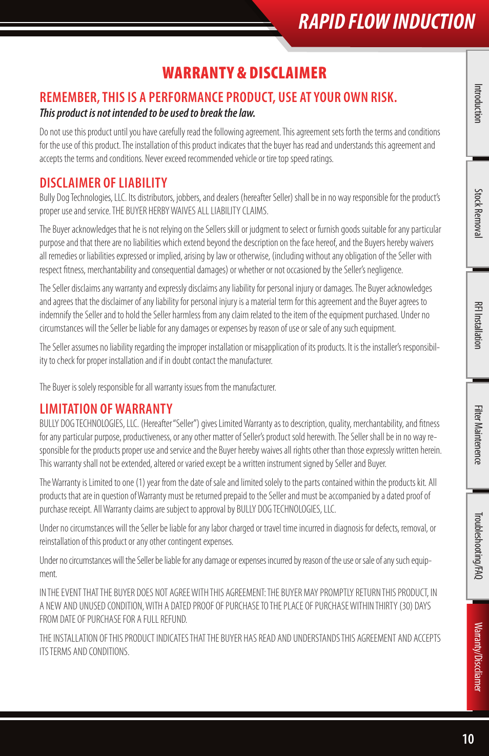 Rapid flow induction, Warranty & disclaimer, Disclaimer of liability | Limitation of warranty | Bully Dog 221102 Rapid Flow Induction User Manual | Page 11 / 12