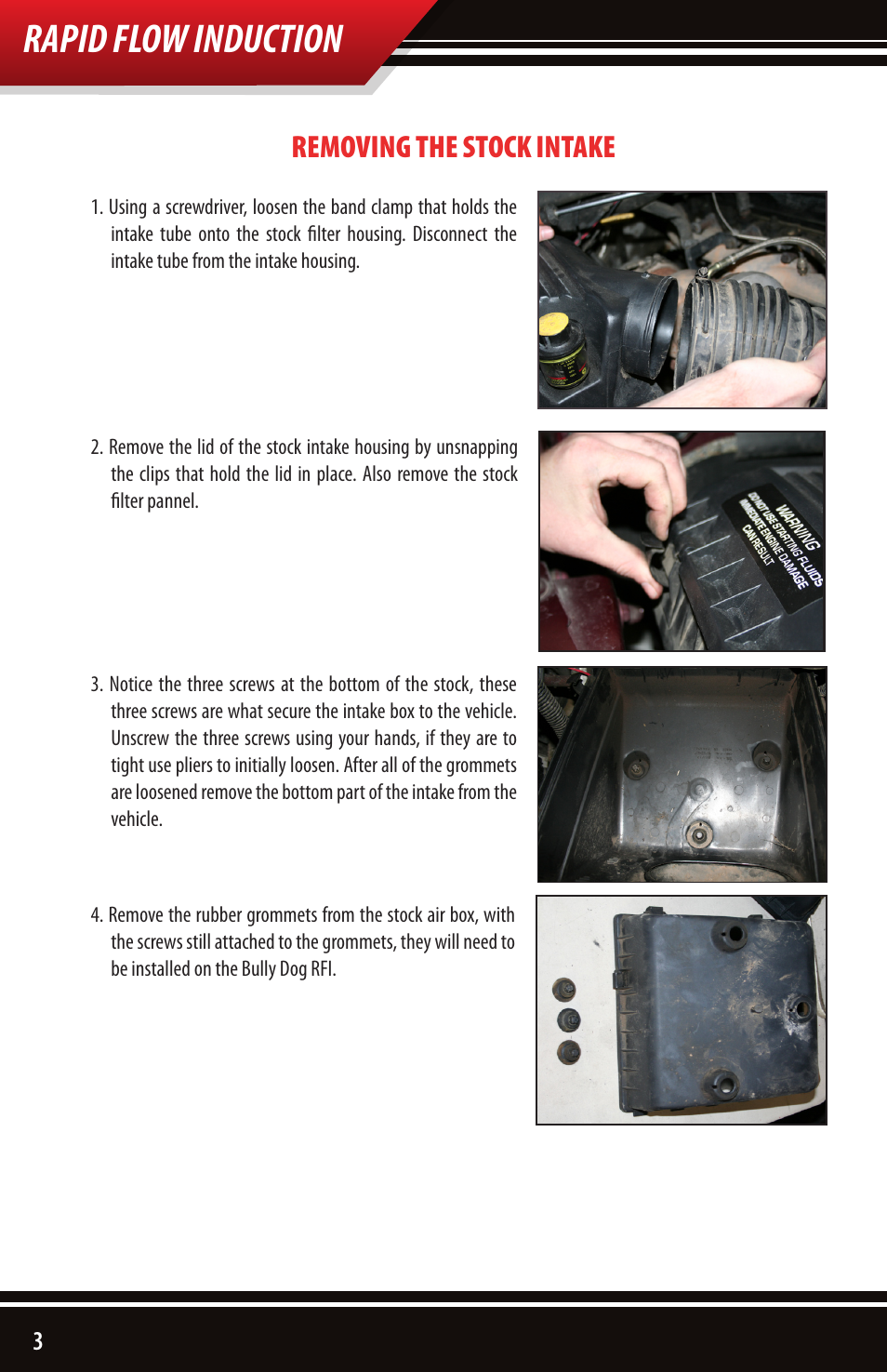 Rapid flow induction, Removing the stock intake | Bully Dog 52100 Rapid Flow Induction User Manual | Page 4 / 8