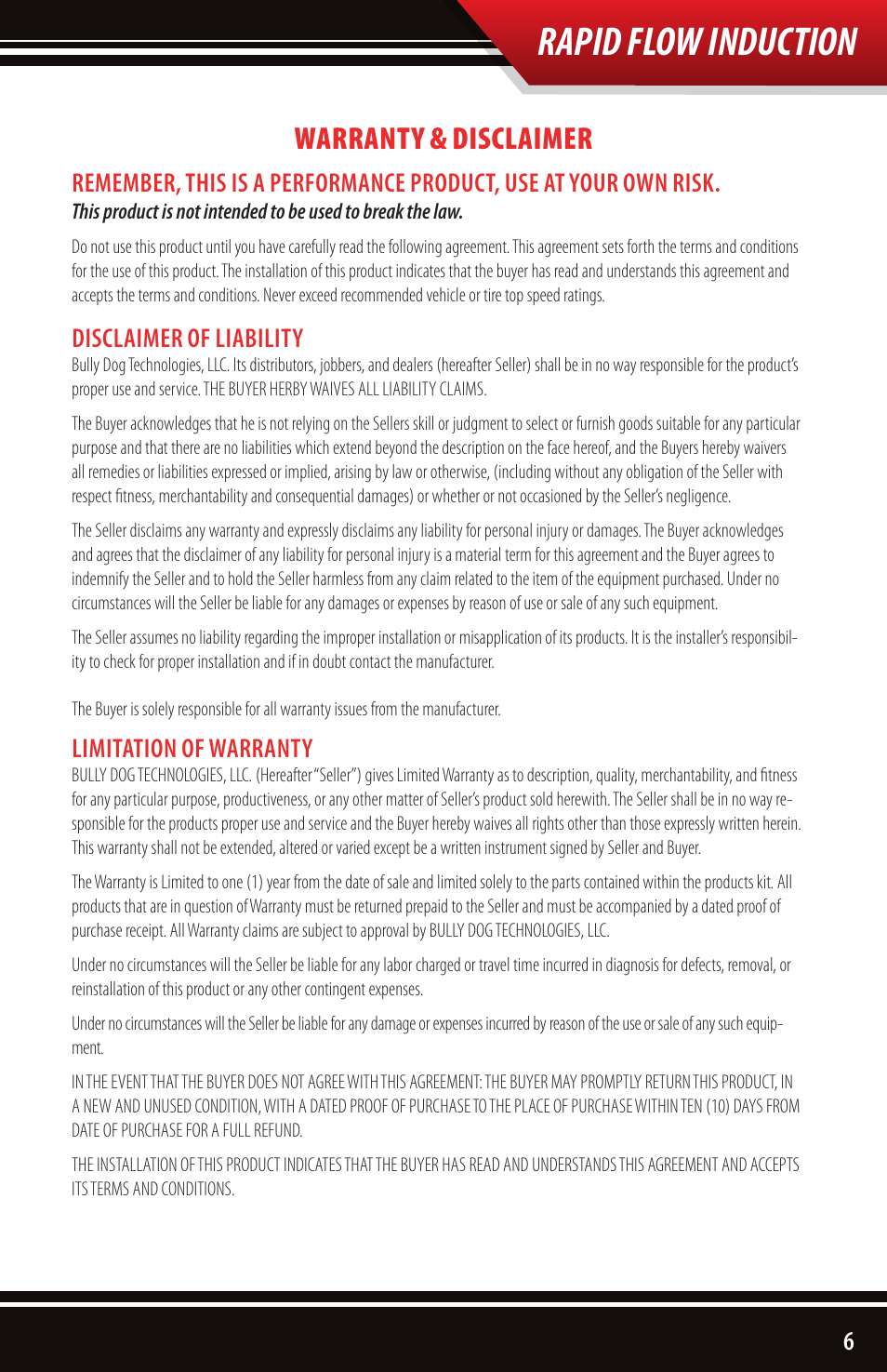 Rapid flow induction, Warranty & disclaimer | Bully Dog 52101 Rapid Flow Induction User Manual | Page 7 / 8