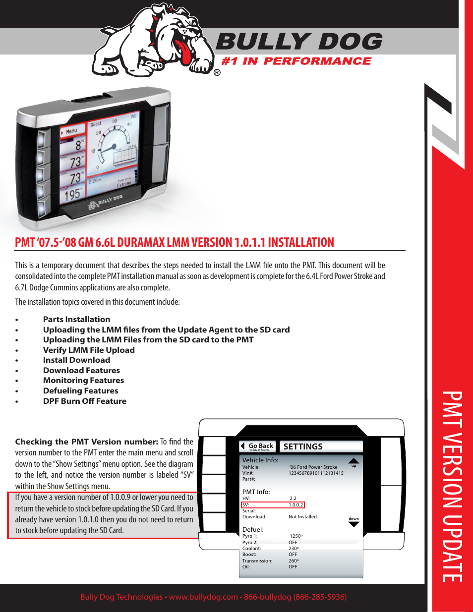 Bully Dog PMT 07.5-08 GM 6.6L Duramax LMM Version 1.0.1.1 User Manual | 8 pages