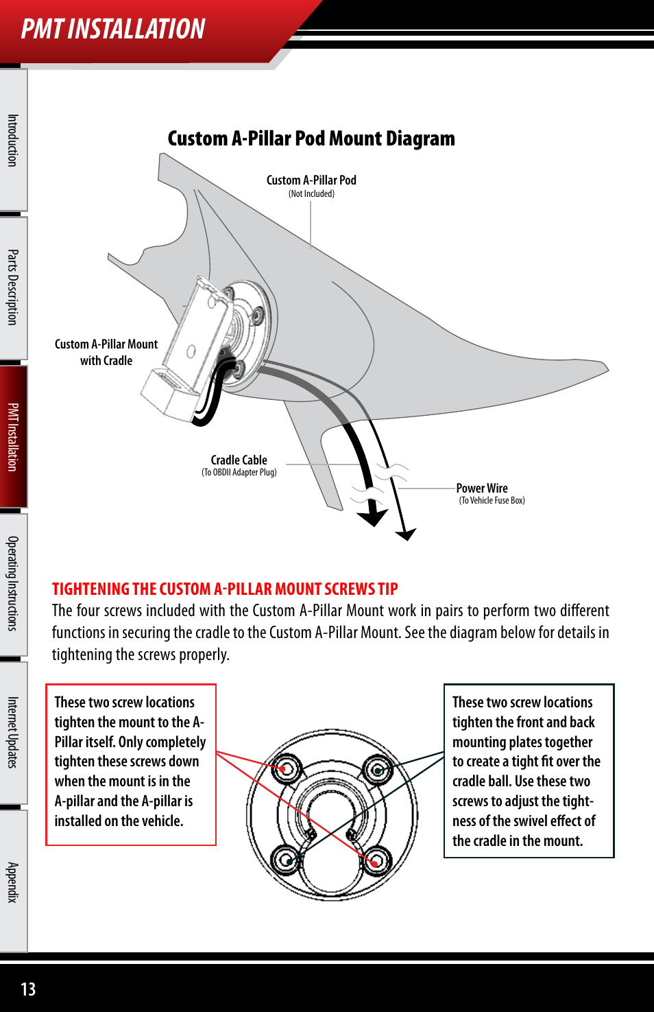 Pmt installation, Custom a-pillar pod mount diagram | Bully Dog 40300 PMT advanced vehicle downloader, controller, monitor and gauge User Manual | Page 14 / 72