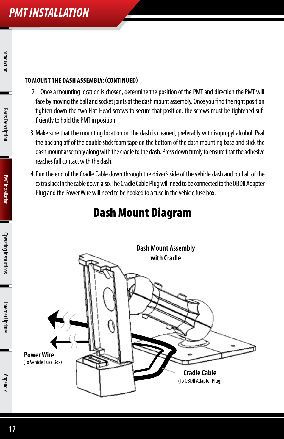 Pmt installation, Dash mount diagram, Dash mount assembly with cradle cradle cable | Power wire | Bully Dog 40300 PMT advanced vehicle downloader, controller, monitor and gauge User Manual | Page 18 / 72