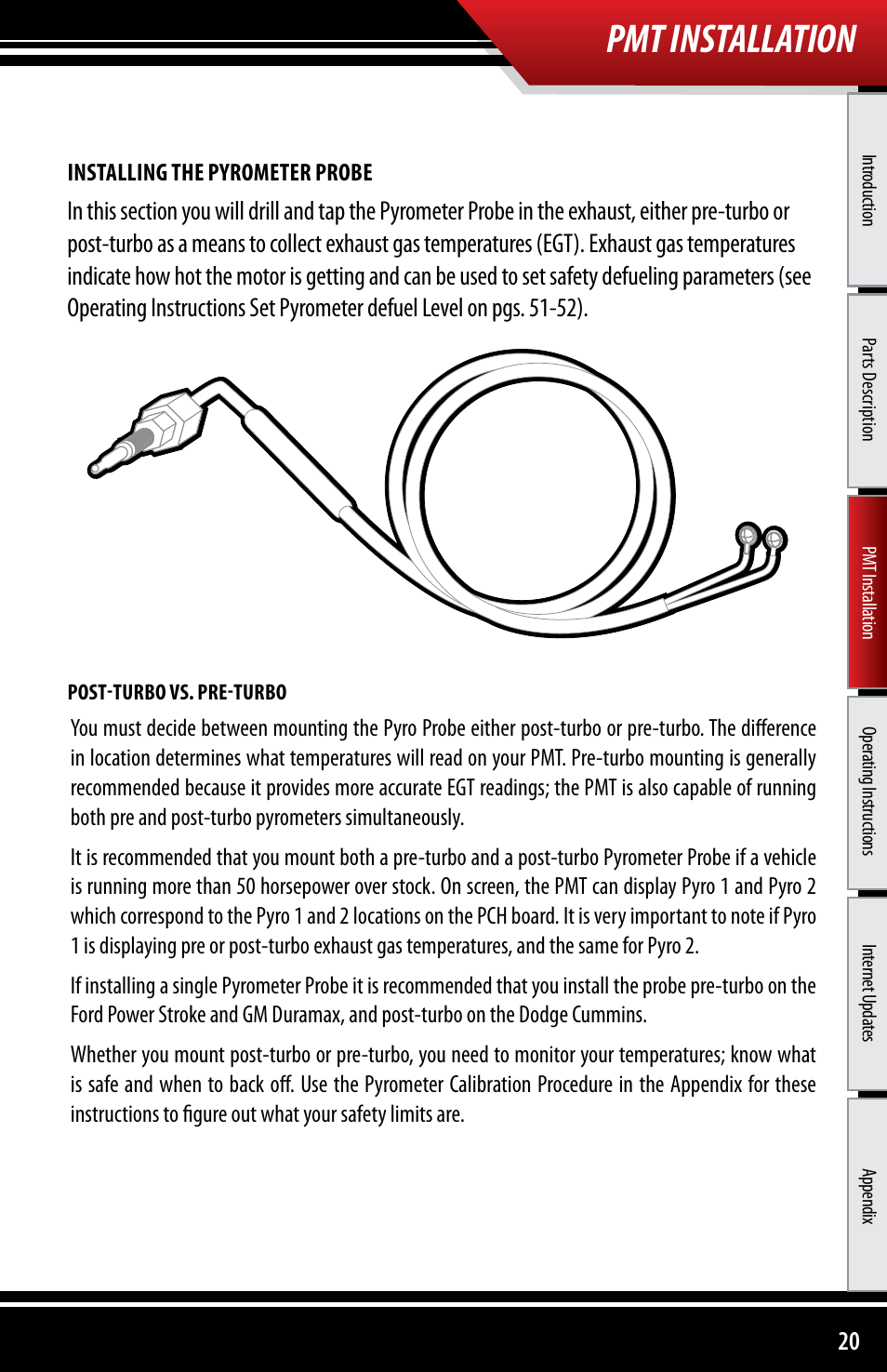 Pmt installation, Installing the pyrometer probe | Bully Dog 40300 PMT advanced vehicle downloader, controller, monitor and gauge User Manual | Page 21 / 72