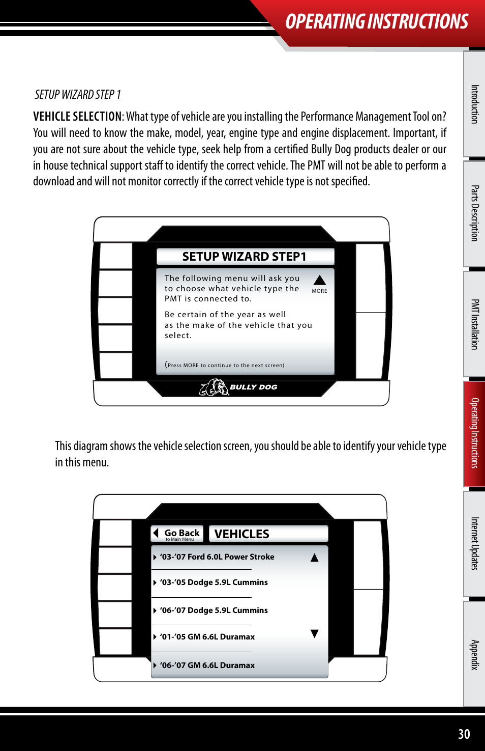 Operating instructions, Setup wizard step1, Vehicles | Bully Dog 40300 PMT advanced vehicle downloader, controller, monitor and gauge User Manual | Page 31 / 72