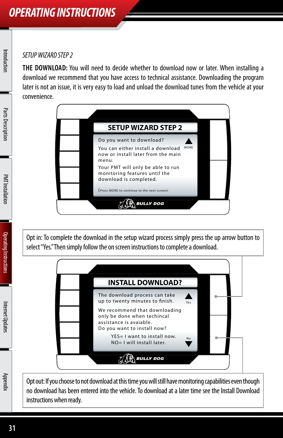 Operating instructions, Setup wizard step 2, Install download | Bully Dog 40300 PMT advanced vehicle downloader, controller, monitor and gauge User Manual | Page 32 / 72