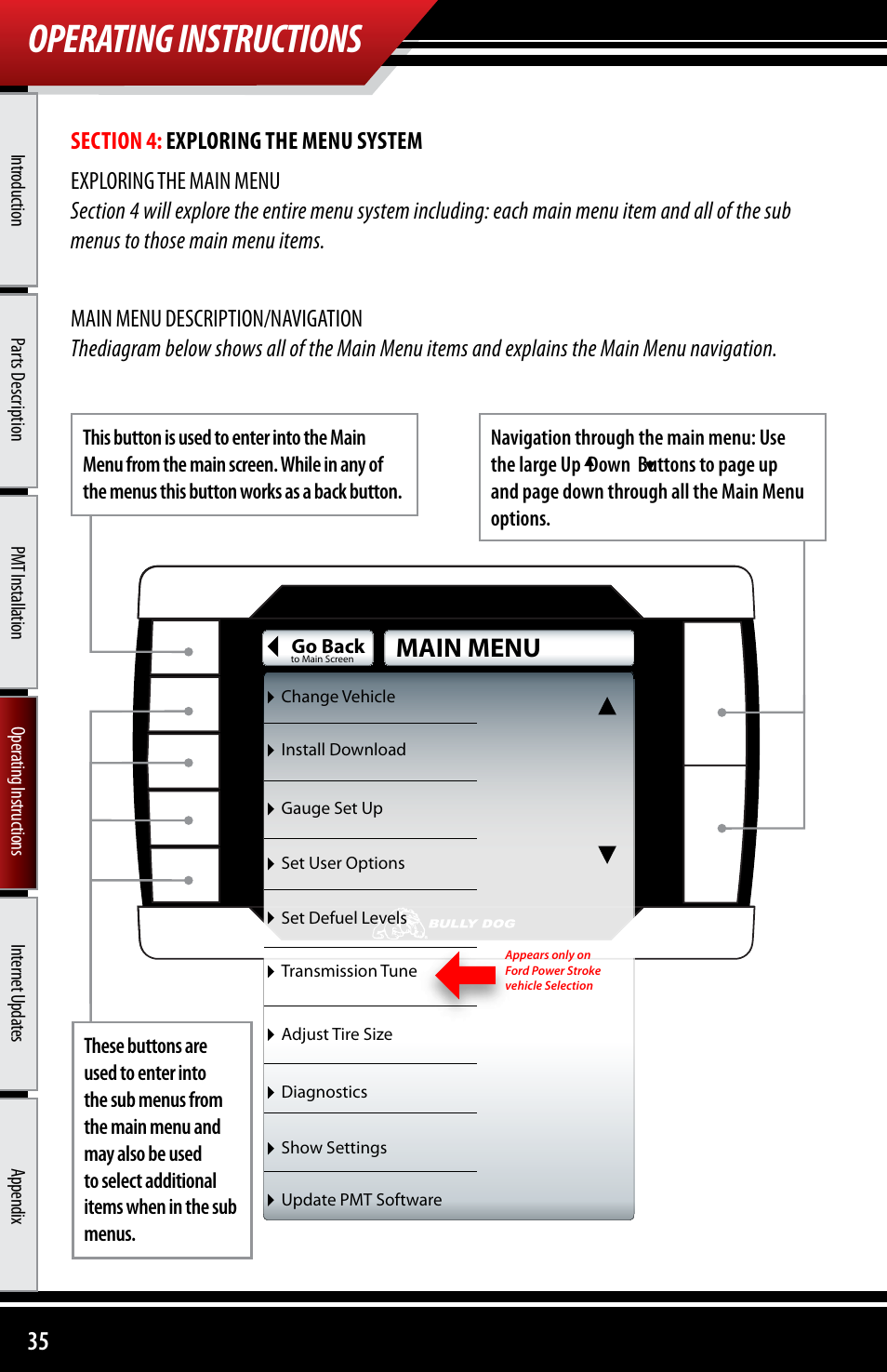Operating instructions, Main menu | Bully Dog 40300 PMT advanced vehicle downloader, controller, monitor and gauge User Manual | Page 36 / 72