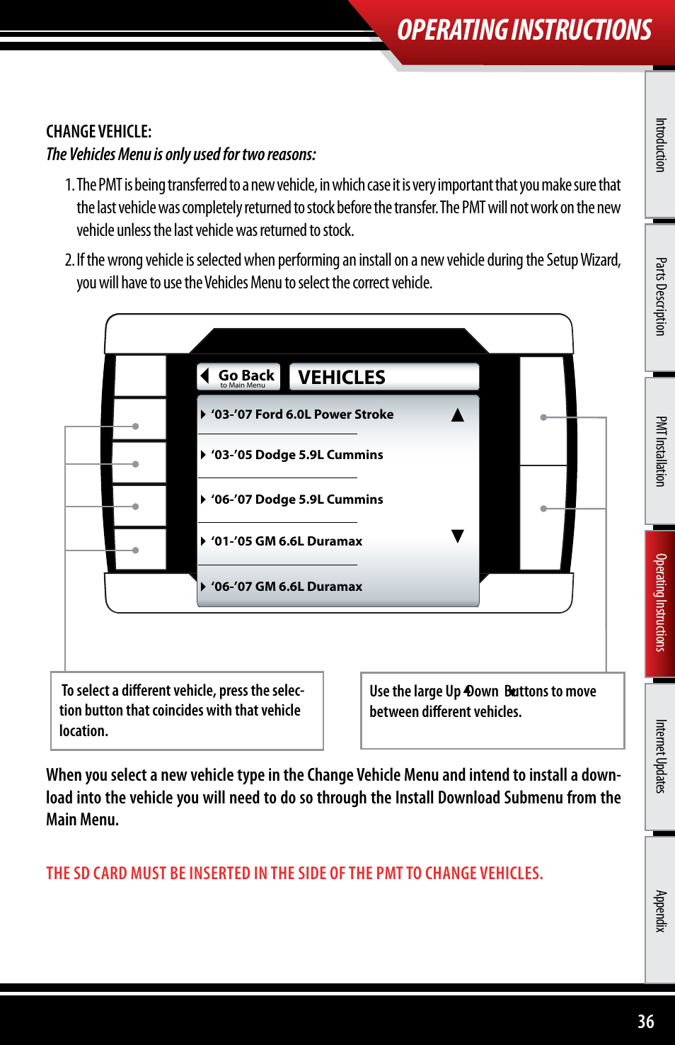 Operating instructions, Vehicles | Bully Dog 40300 PMT advanced vehicle downloader, controller, monitor and gauge User Manual | Page 37 / 72