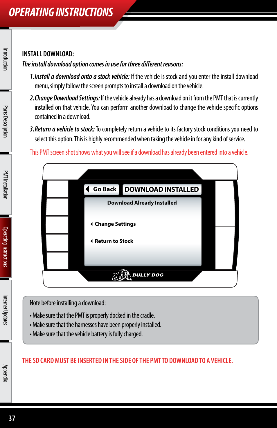 Operating instructions | Bully Dog 40300 PMT advanced vehicle downloader, controller, monitor and gauge User Manual | Page 38 / 72