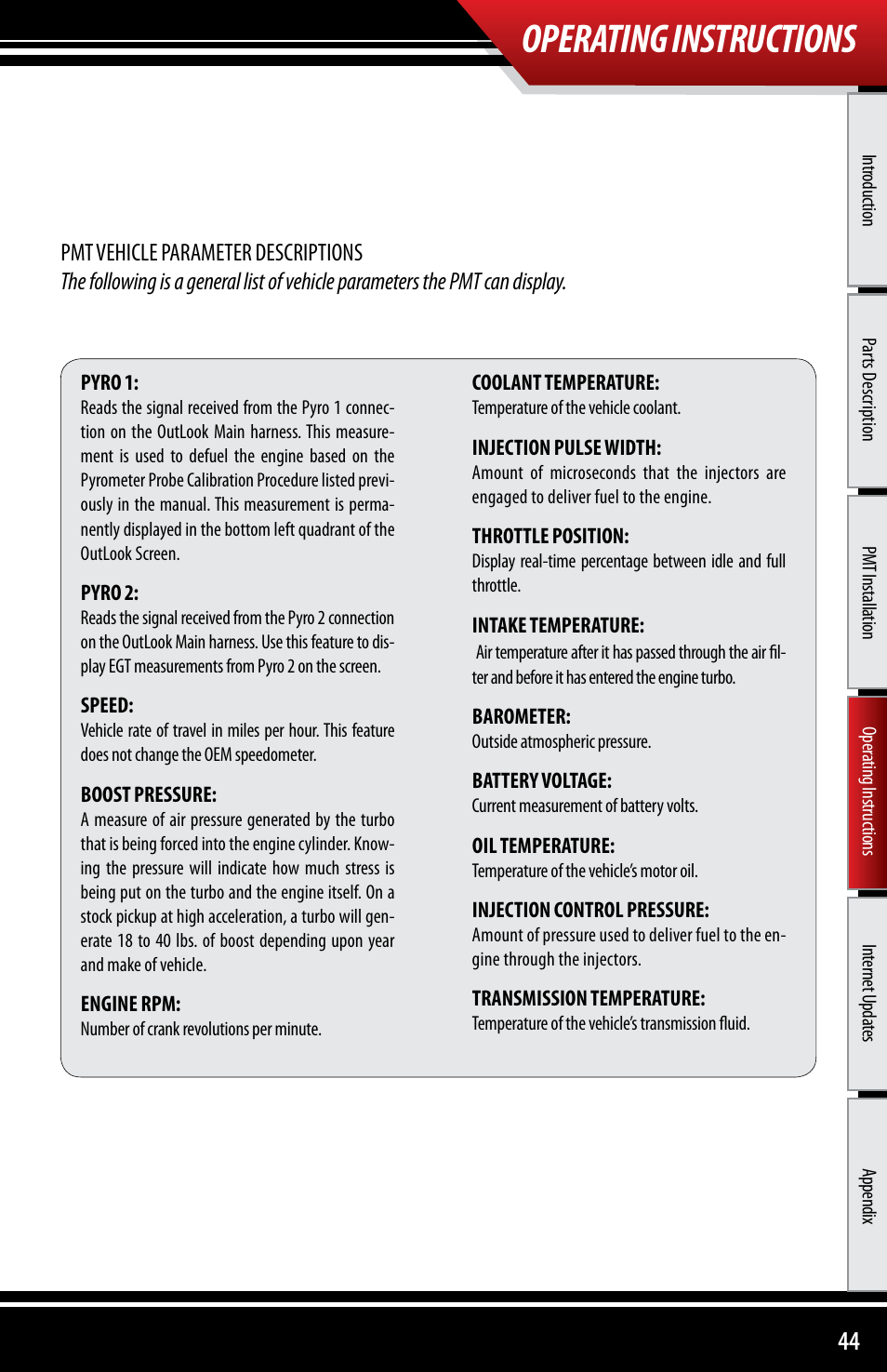Operating instructions | Bully Dog 40300 PMT advanced vehicle downloader, controller, monitor and gauge User Manual | Page 45 / 72