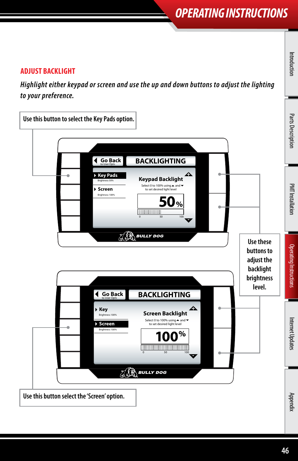 Operating instructions, Backlighting | Bully Dog 40300 PMT advanced vehicle downloader, controller, monitor and gauge User Manual | Page 47 / 72