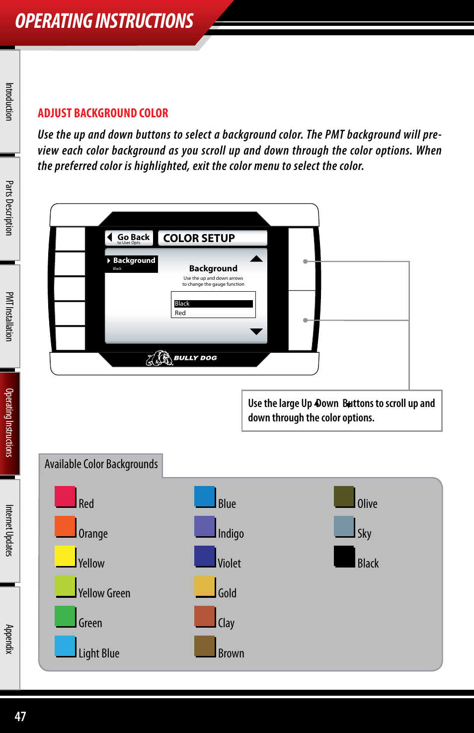 Operating instructions | Bully Dog 40300 PMT advanced vehicle downloader, controller, monitor and gauge User Manual | Page 48 / 72