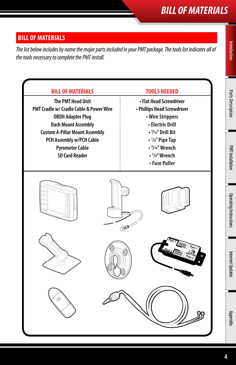 Bill of materials, Tools needed | Bully Dog 40300 PMT advanced vehicle downloader, controller, monitor and gauge User Manual | Page 5 / 72