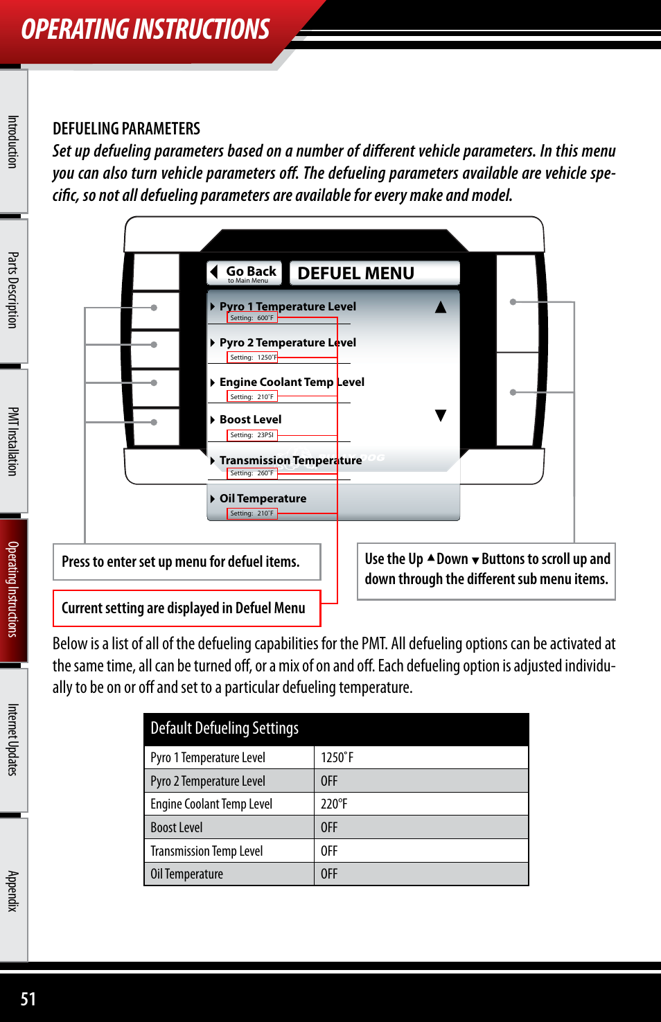 Operating instructions, Defuel menu, Default defueling settings | Current setting are displayed in defuel menu | Bully Dog 40300 PMT advanced vehicle downloader, controller, monitor and gauge User Manual | Page 52 / 72