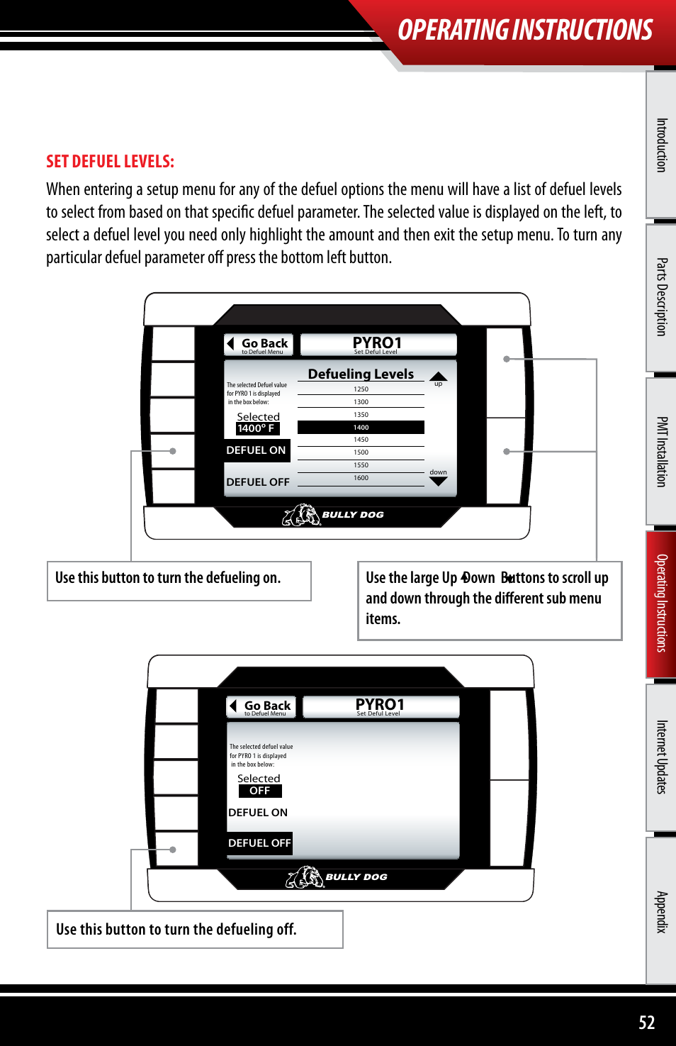 Operating instructions, Pyro1 | Bully Dog 40300 PMT advanced vehicle downloader, controller, monitor and gauge User Manual | Page 53 / 72
