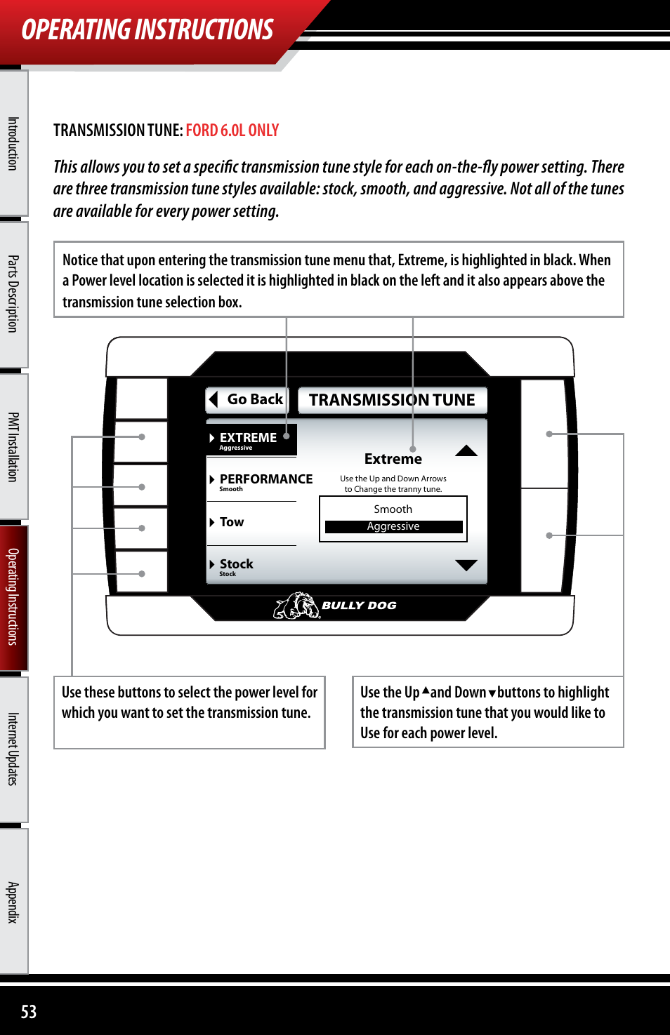 Operating instructions | Bully Dog 40300 PMT advanced vehicle downloader, controller, monitor and gauge User Manual | Page 54 / 72