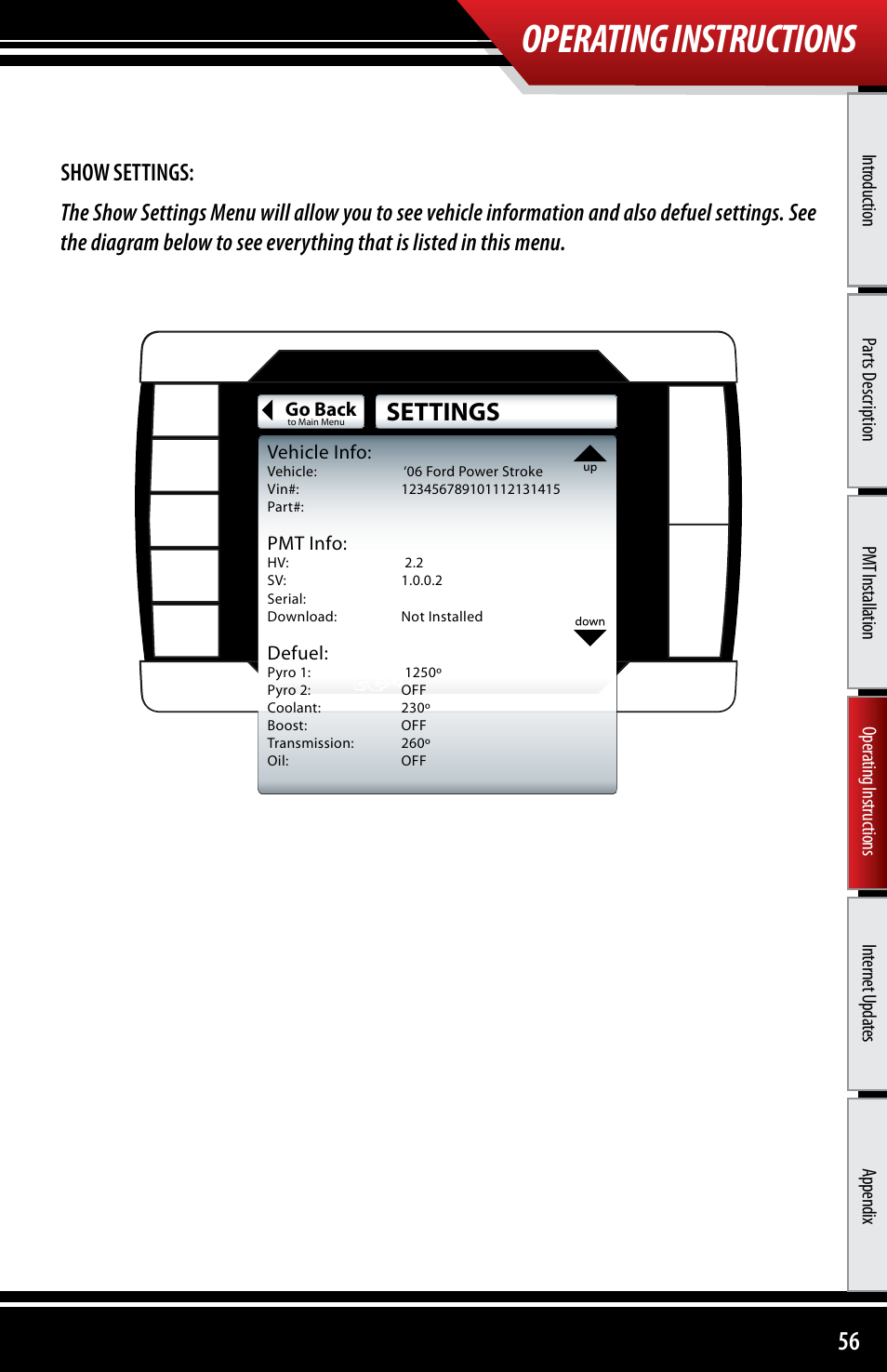 Operating instructions, Settings | Bully Dog 40300 PMT advanced vehicle downloader, controller, monitor and gauge User Manual | Page 57 / 72