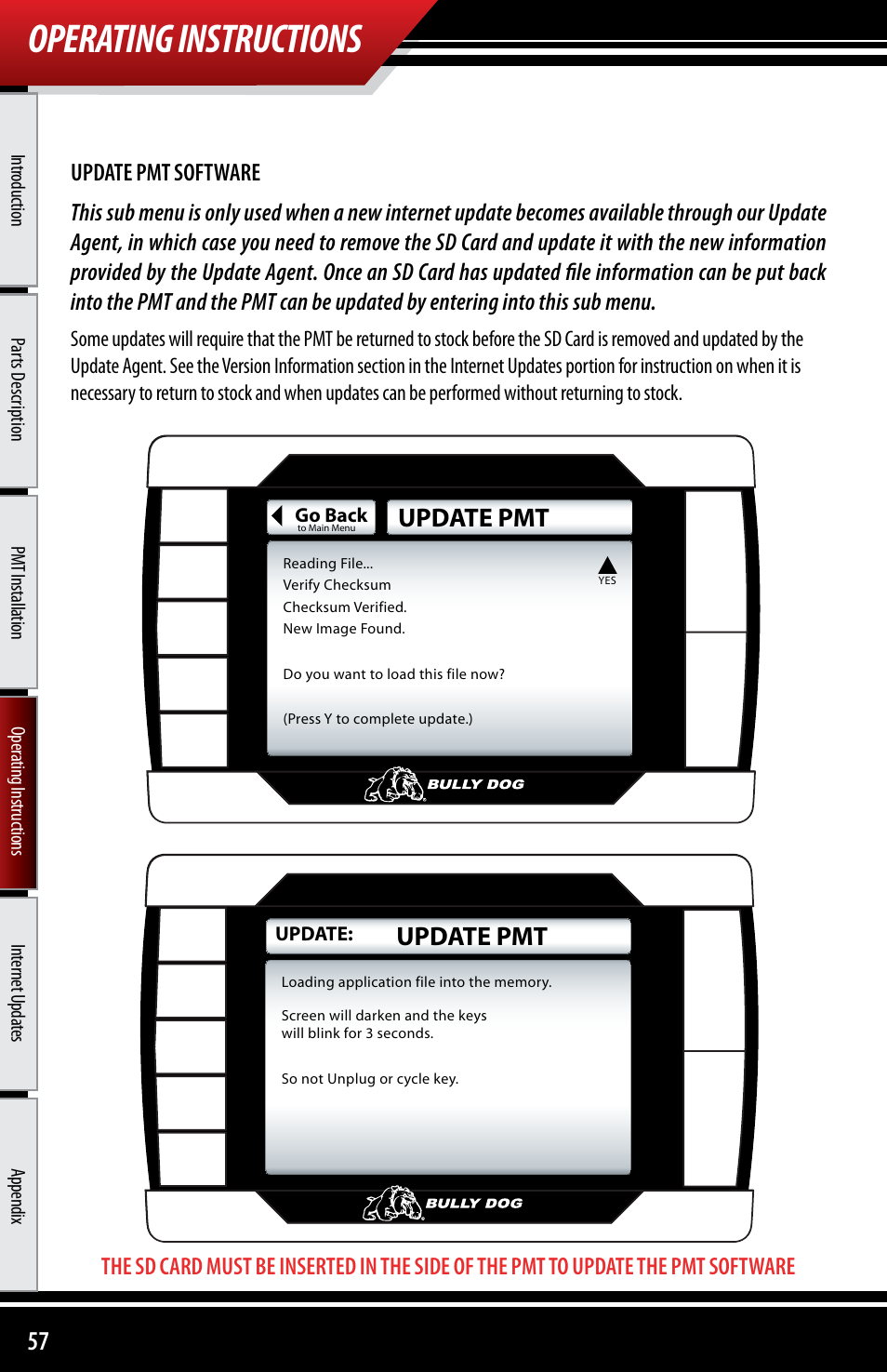 Operating instructions, Update pmt | Bully Dog 40300 PMT advanced vehicle downloader, controller, monitor and gauge User Manual | Page 58 / 72