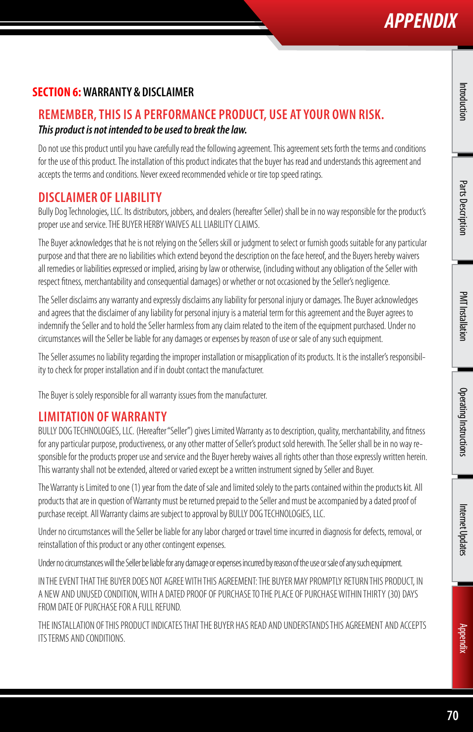 Appendix, Disclaimer of liability, Limitation of warranty | Bully Dog 40300 PMT advanced vehicle downloader, controller, monitor and gauge User Manual | Page 71 / 72