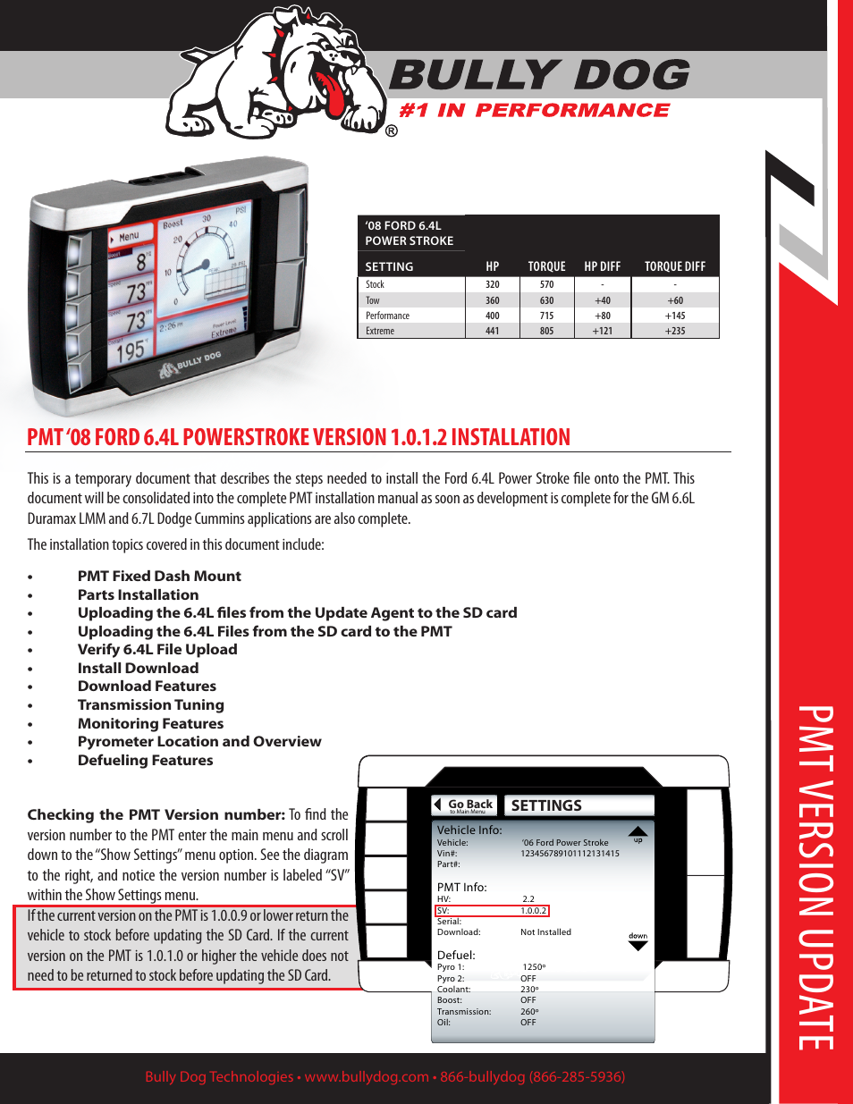 Bully Dog PMT 08 Ford 6.4L Powerstroke Version 1.0.1.2 User Manual | 9 pages