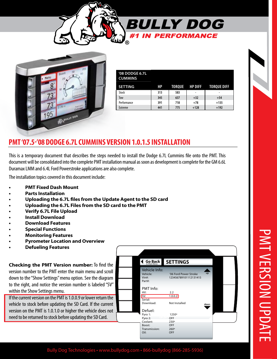 Bully Dog PMT 07.5-08 Dodge 6.7L Cummins Version 1.0.1.5 User Manual | 10 pages