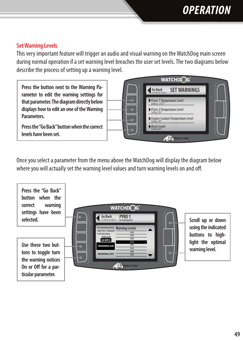 Operation, Set warnings | Bully Dog Watchdog User Manual | Page 34 / 42