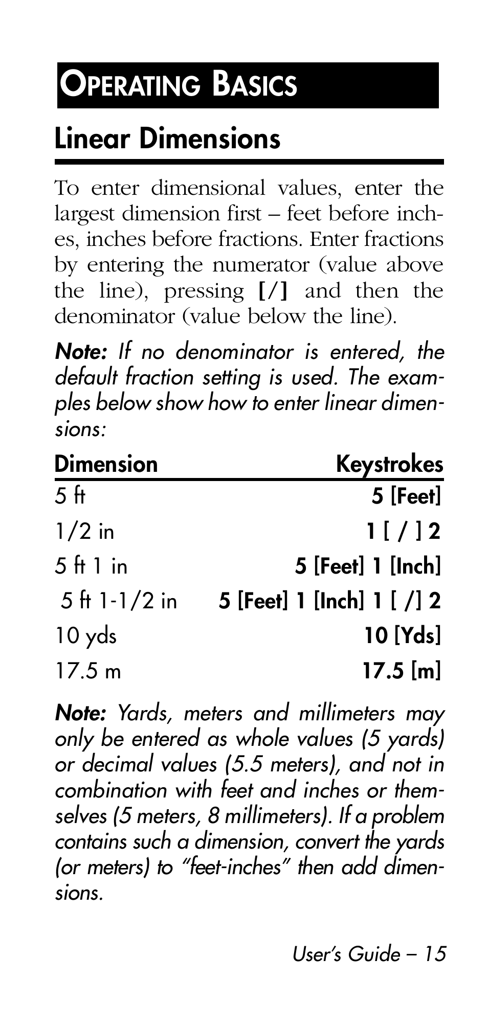 Linear dimensions | Calculated Industries 4215 User Manual | Page 15 / 64