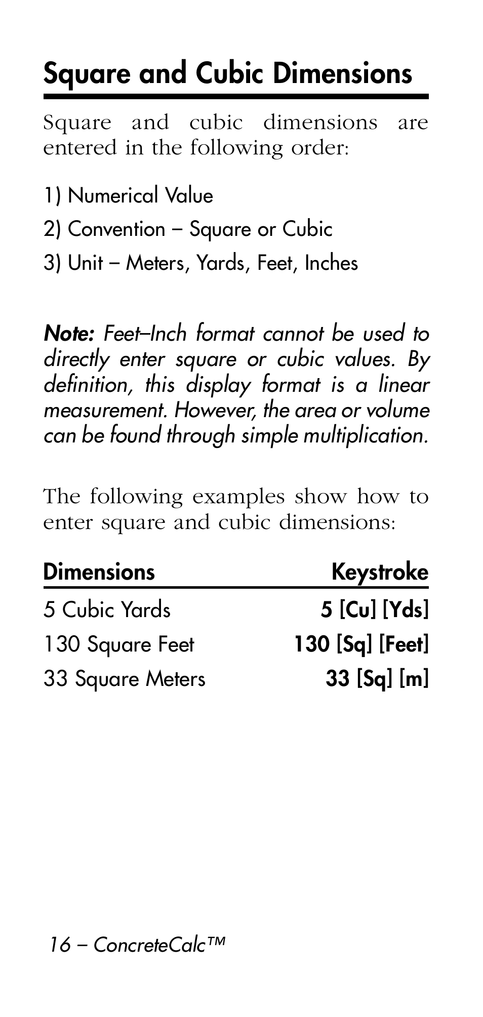 Square and cubic dimensions | Calculated Industries 4215 User Manual | Page 16 / 64