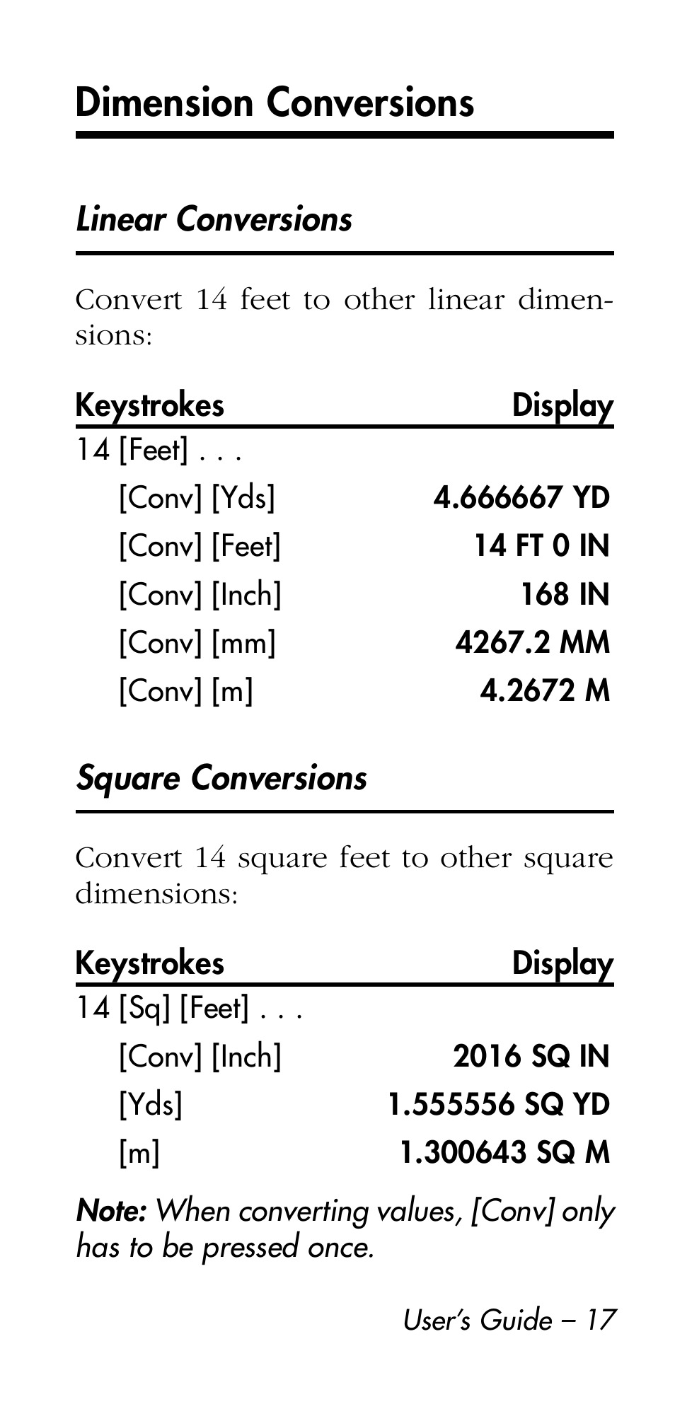 Dimension conversions | Calculated Industries 4215 User Manual | Page 17 / 64