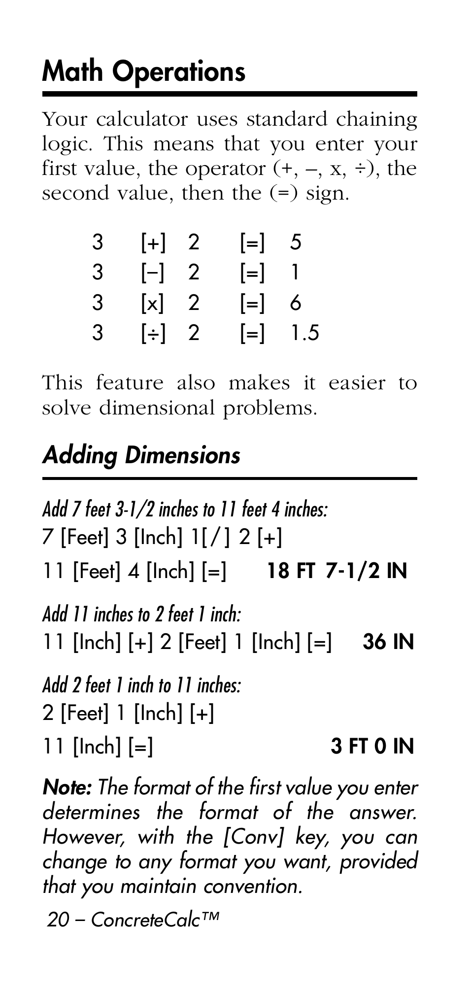 Math operations | Calculated Industries 4215 User Manual | Page 20 / 64